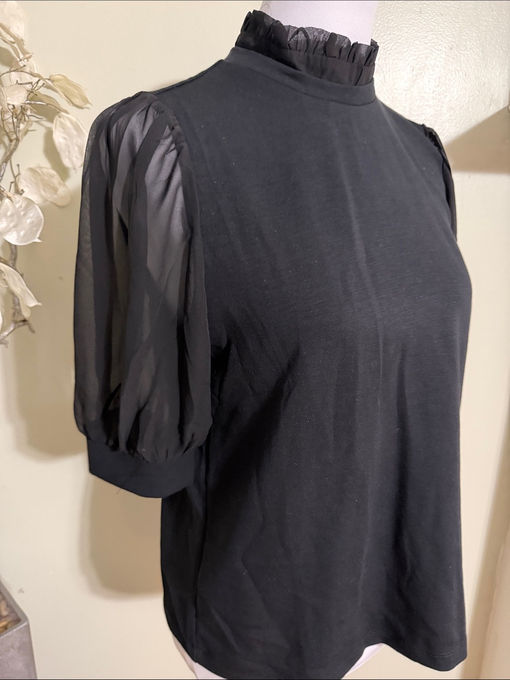 Cable & Gauge Black Ruffle Mock Neck Puff Sleeve Blouse - Picture 2 of 7